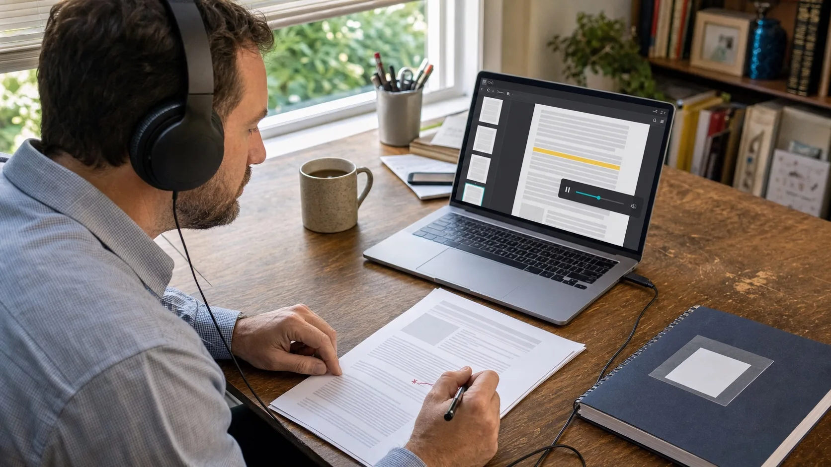 Formateur écoutant un PDF au casque tout en suivant le passage sur son ordinateur et en annotant une version imprimée