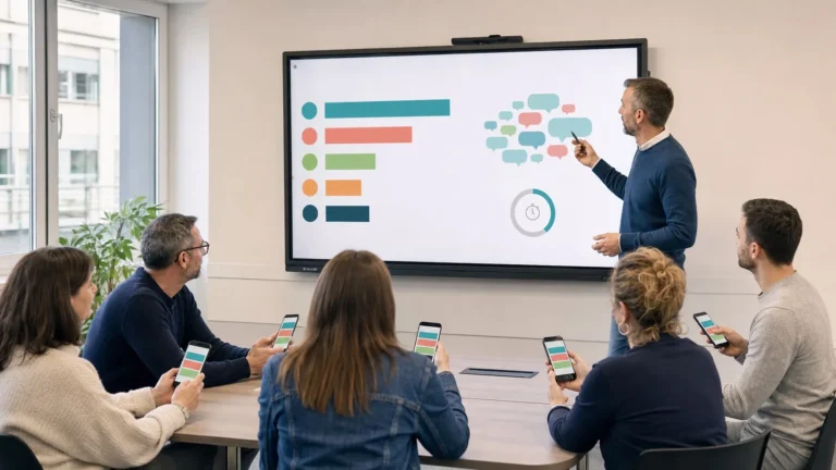 Formateur présentant des résultats de sondage sur un tableau blanc numérique pendant que les participants répondent sur leur téléphone