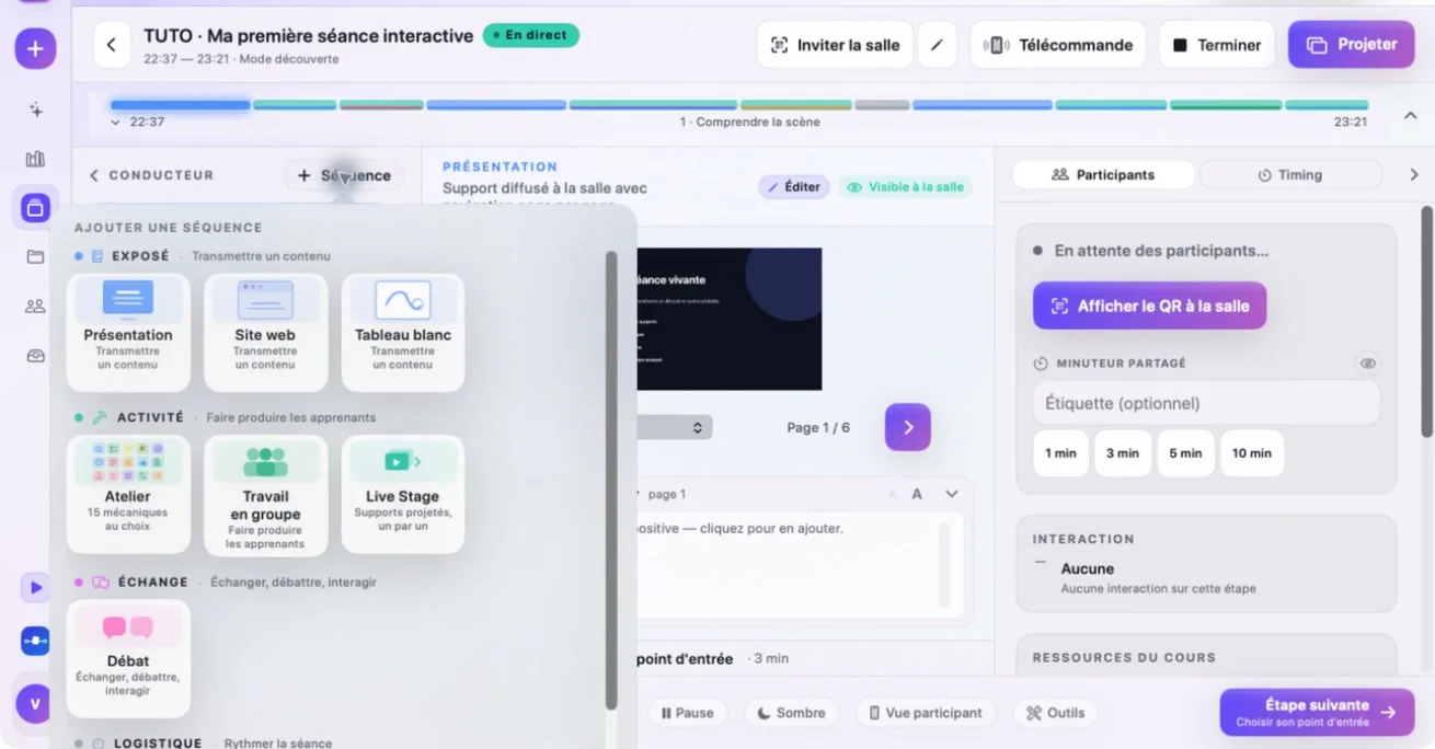Interface réelle de SnapInteract en direct avec choix d’une séquence, participants et minuteur partagé