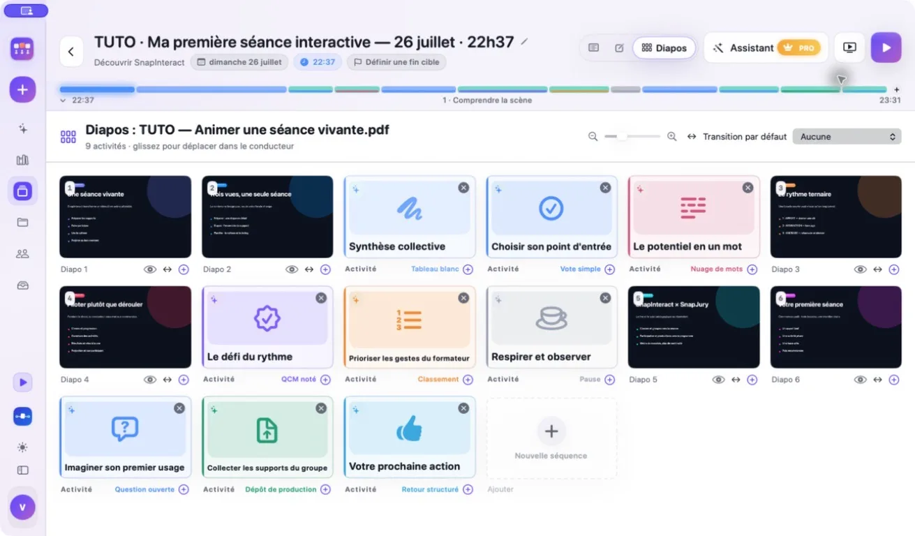 Interface réelle de SnapInteract montrant un conducteur composé de diapositives et d’activités interactives
