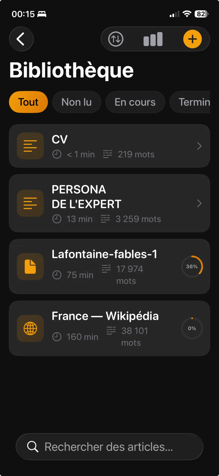 Bibliothèque réelle de VoiceReader AI avec documents, durées et progression